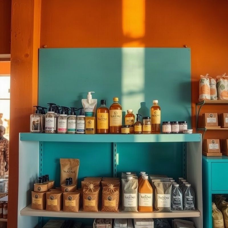 Locally vetted products arranged on a teal-accented shelf in the Lumenwbeta space